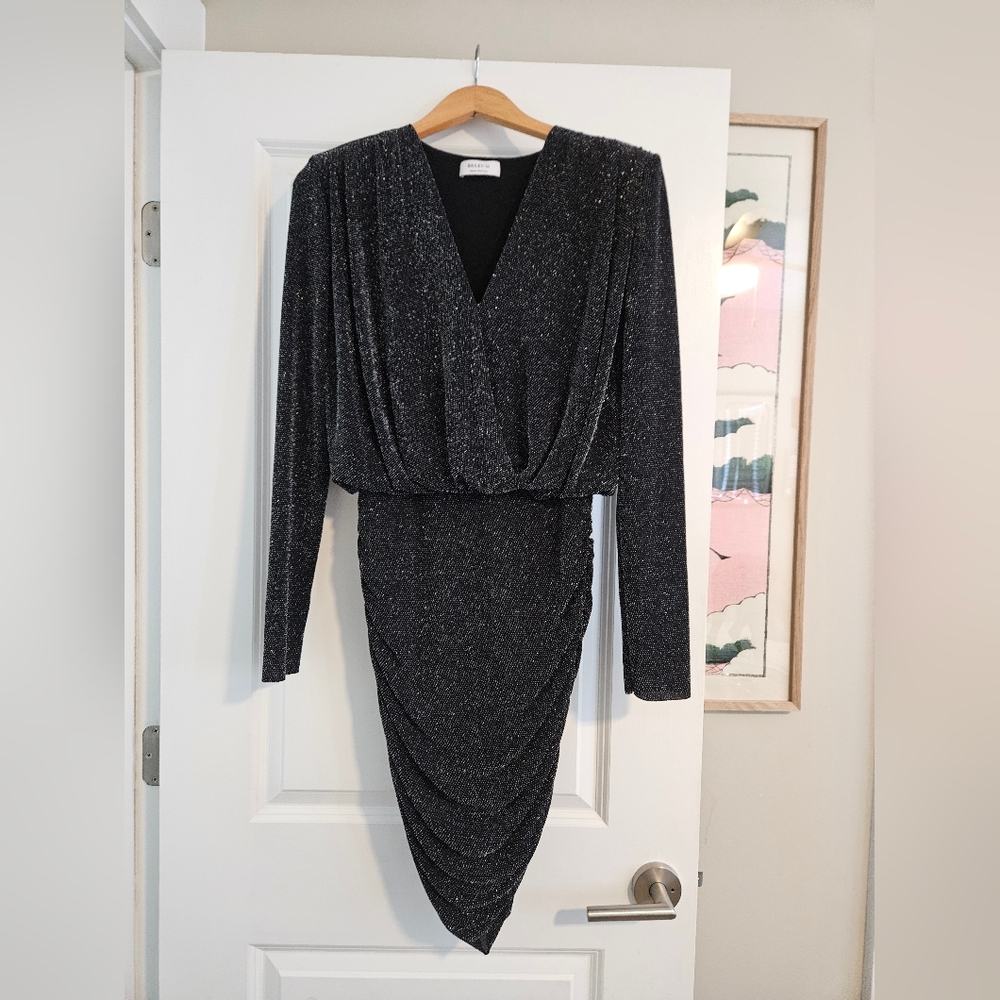 Bailey 44 Sparkle Black Long Sleeve V-Neck Draped Dress SzM